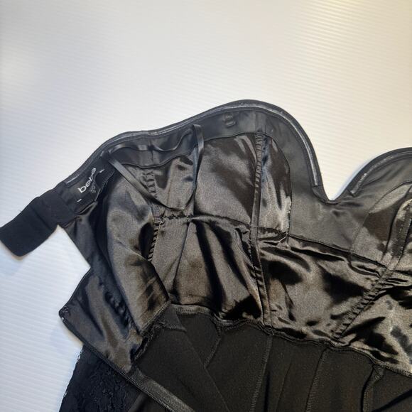 bebe Strapless Black Satin Lace Sheath Dress Women’s Medium Bodycon Bombshell - Picture 15 of 16